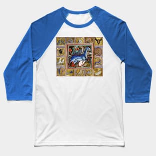 MEDIEVAL BESTIARY THREE HORSES, FANTASTIC ANIMALS IN GOLD RED BLUE COLORS Baseball T-Shirt